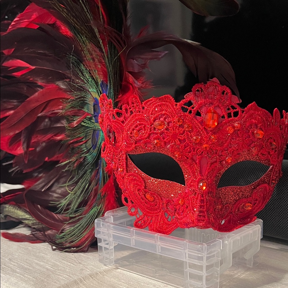 Red Masquerade Mask with Feathers